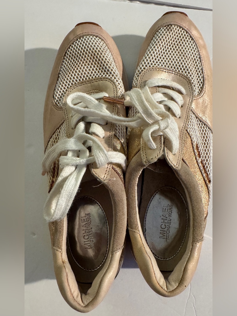Michael Kors Metallic Rose Gold and Cream Lace-Up Sneakers